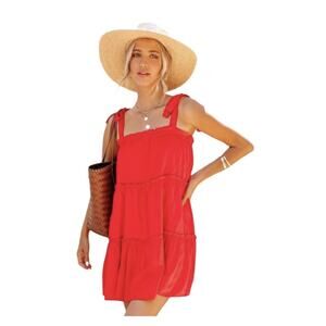 NWT Le Lis Women's Tiered Tie Strap Mini Dress Red Size Small Summer Cottagecore